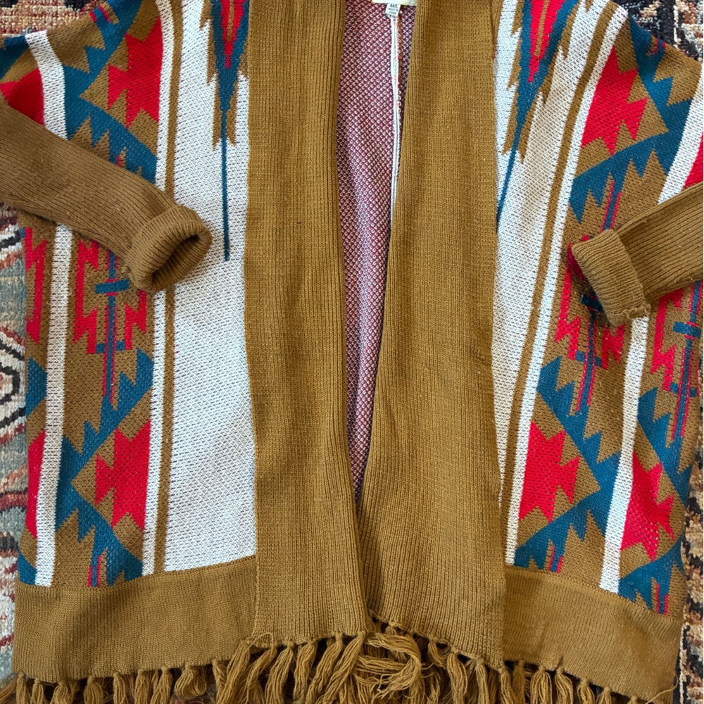 Southwestern Fringe Knit Longline Brown Open Front Cardigan - Picture 4 of 8